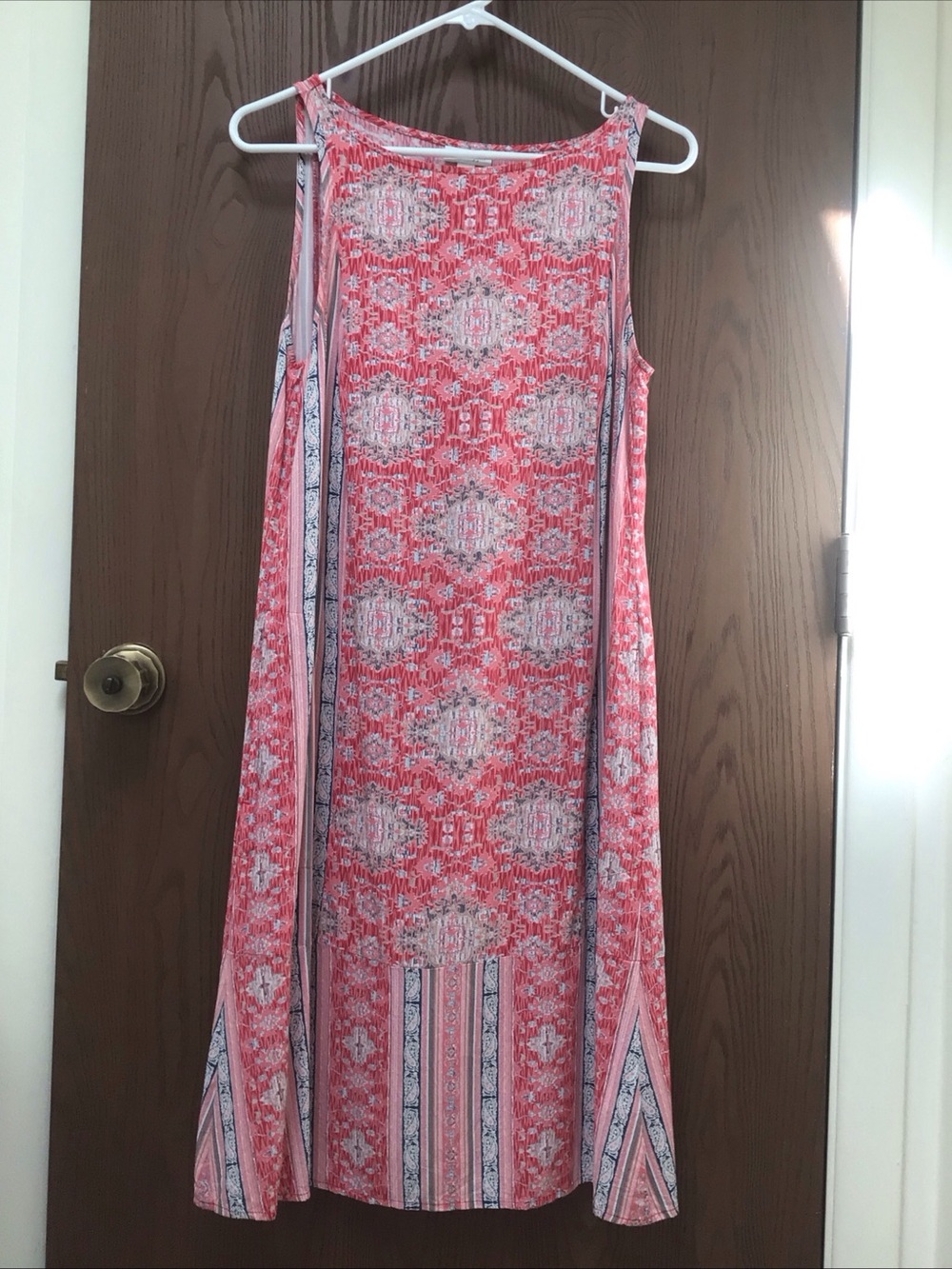 J. Jill Coral and White Sleeveless Midi Dress peasant print 100% rayon, sz S